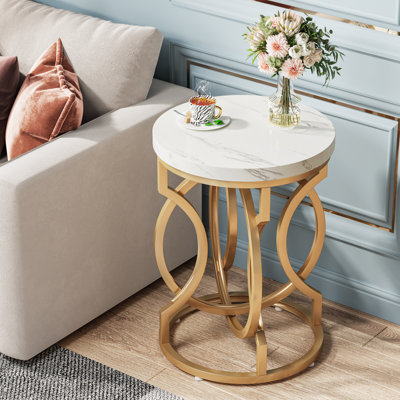 Masonlee 19.7"W Gold End Table, Round Side Table with Faux Marble Top