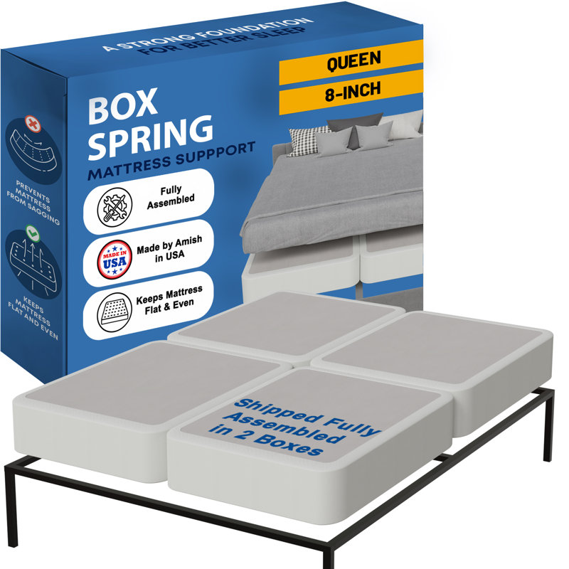 Box Spring Bed Base Queen Size, 8-Inch Wood Mattress Foundation – Quiet Noise Free, 4-Pieces Under Mattress-Support Boxspring, Fully Assembled, White