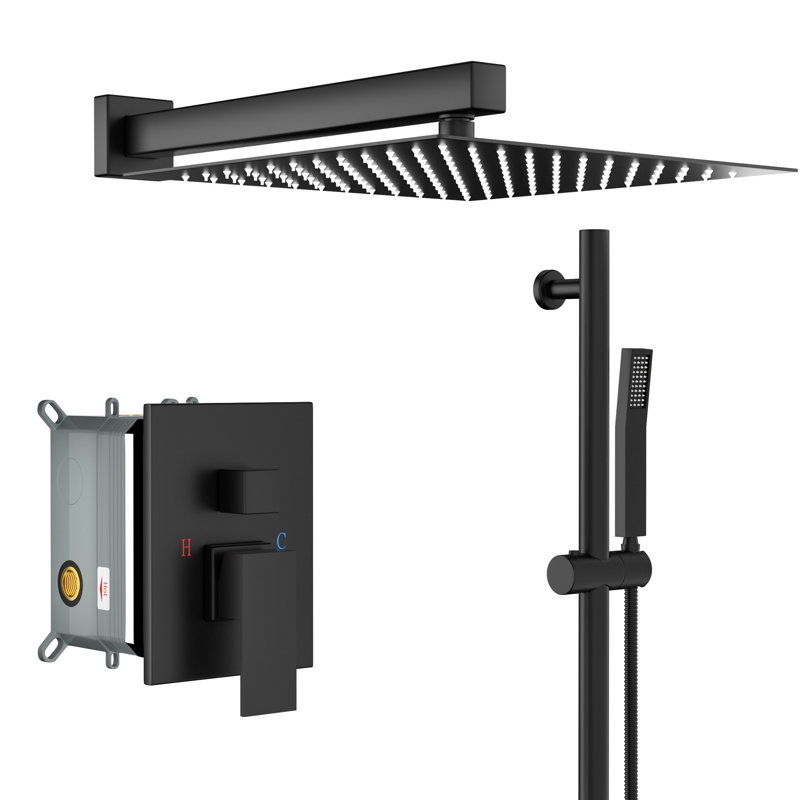 Système de douche carré noir mat avec pluie de 12 pouces - fixation murale, barre coulissante réglable et fonction facile à nettoyer, valve intégrée, double fonction