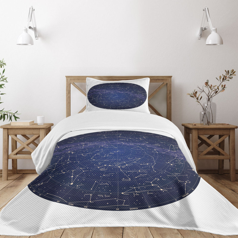 Twin Blue Constellation Quilted Bedspread Set with Pillow Sham