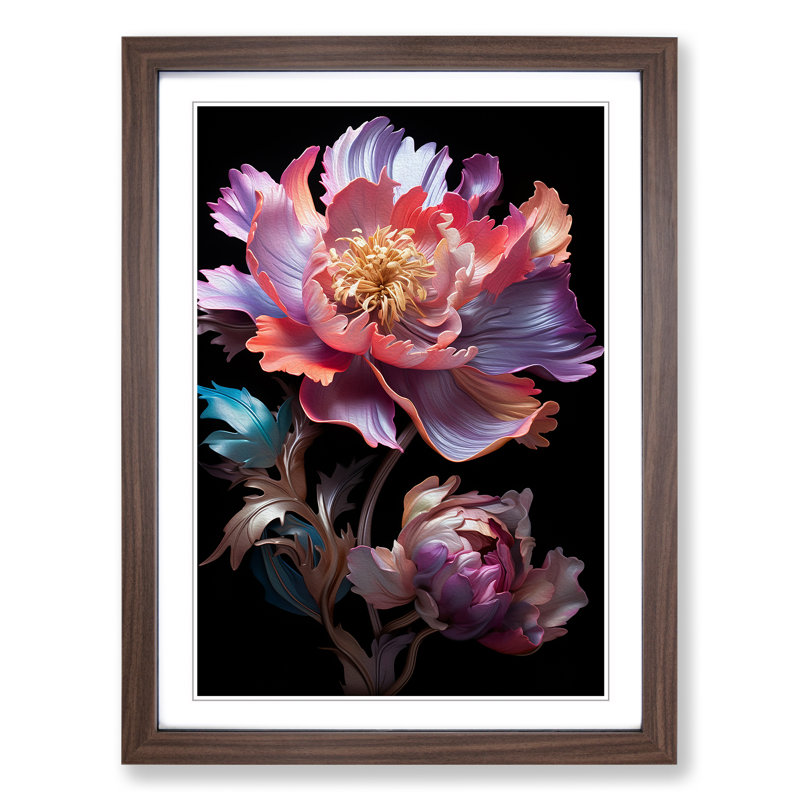 Peony Flower Neo-Plasticism No.3 - Single Picture Frame Print on Wood, Walnut Framed, 46cm H x 34cm W x 2cm D