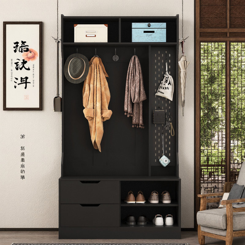 Hall Tree with 6 Hooks – Entryway Coat Rack with Storage Bench, Large Compartment & Open Shelves, Black for Entrance, Hallway or Mudroom