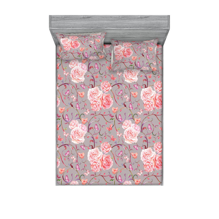 Ambesonne Fitted Sheet & Shams 3 Pcs Spring White Asters Calking Pistachio Green Mustard
