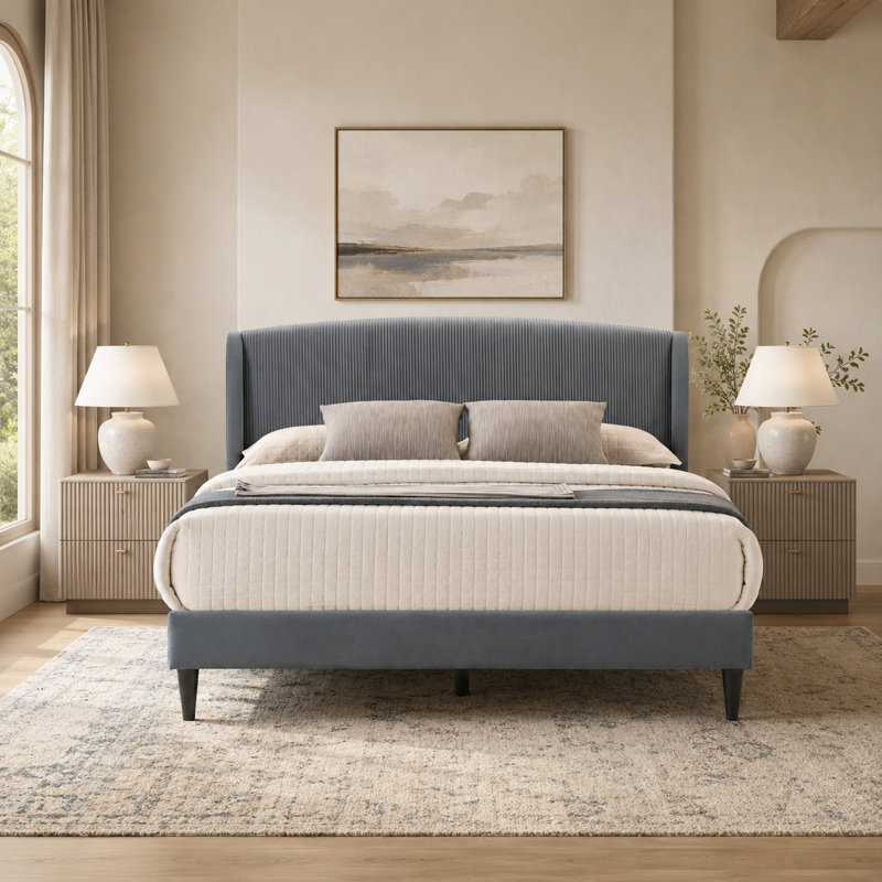 Jolande Contemporary Queen Upholstered Bed with Curved Headboard, Queen, Dark Gray