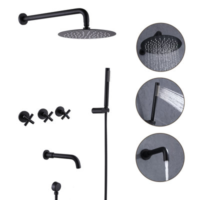 10" Round Shower System Set with Tub Spout, Wall Mount 3 Function Rain Shower Faucet Set with Rough-in Valve