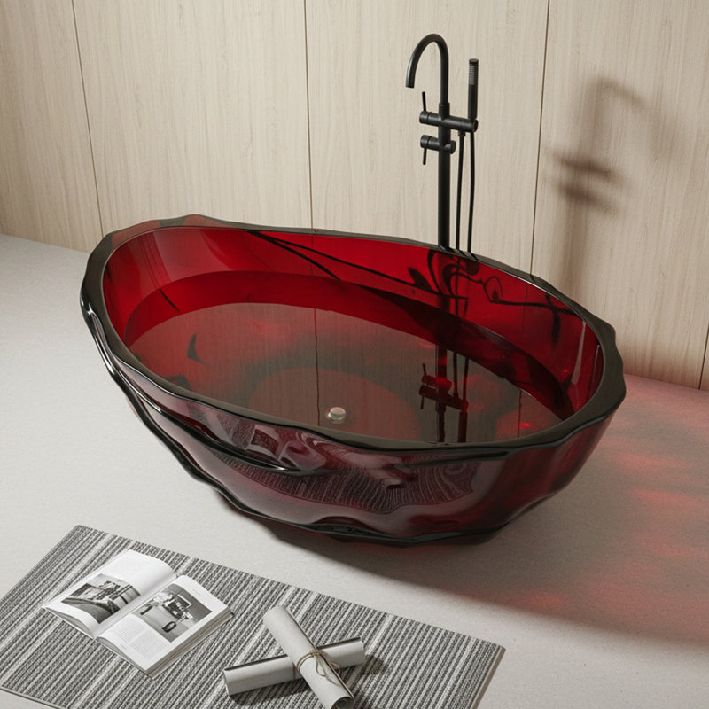 67" Freestanding Bathtub Solid Surface Resin Soaking Bathtub Transparent Red