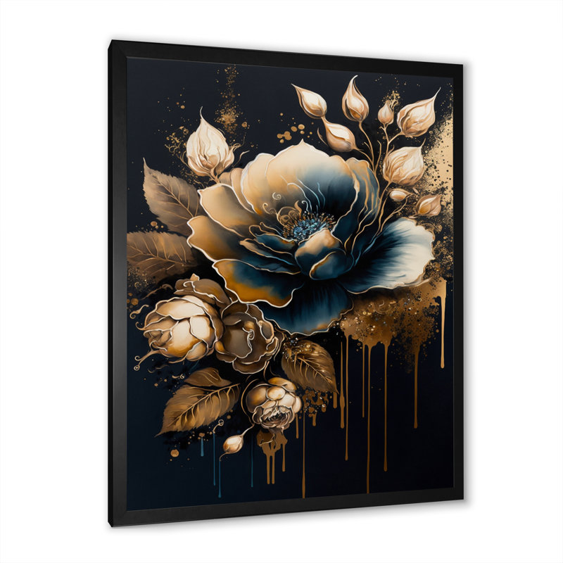 Décoration murale bleu marine et rose doré II - Rose, H 40 po x l 30 po x P 1,5 po, Impression noire sur toile encadrée
