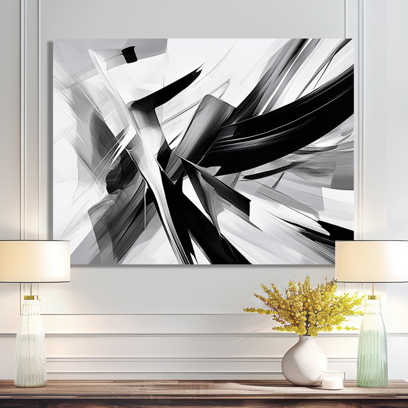 Abstrait abstrait vagues noires et blanches - Formes abstraites encadrées, H 12 po x l 20 po x P 1 po, Toile tendue