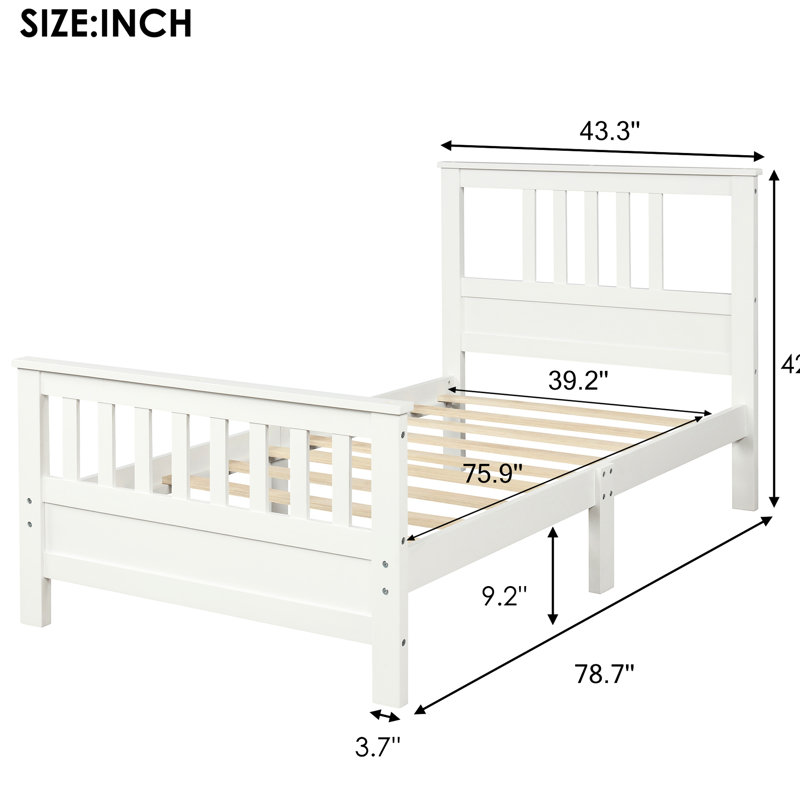 Lit plateforme en bois pour lit simple blanc - tête de lit robuste et 10 lattes, assemblage facile avec pin rougeoyant et blanc