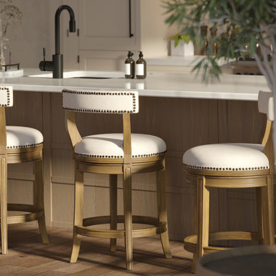 Tabouret de bar 26 po à hauteur de comptoir, finition pacane avec siège et dossier en tissu de lin, 1 pièce