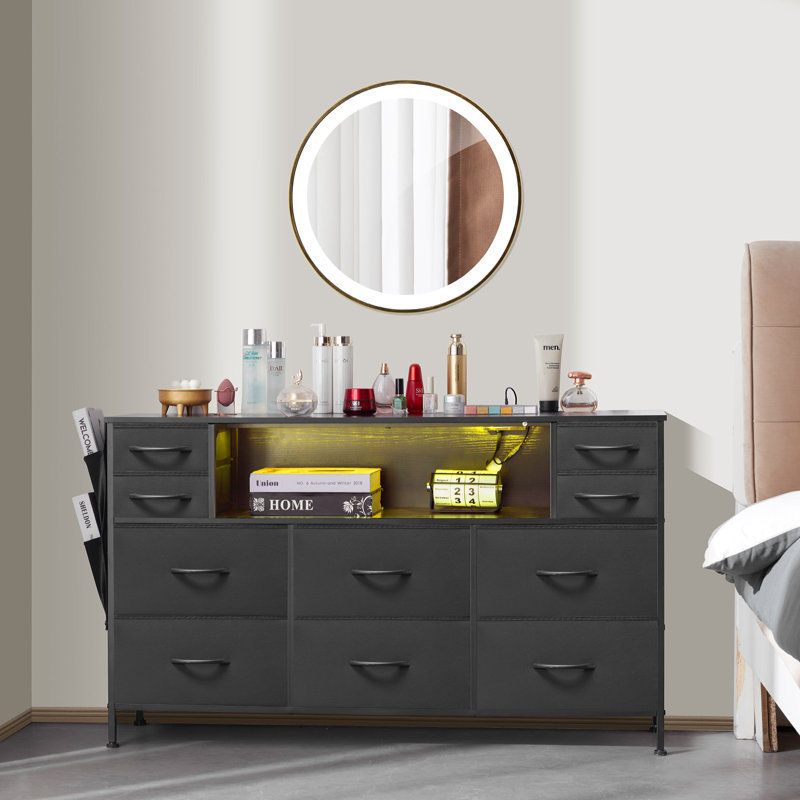Commode 10 tiroirs en tissu avec tablette de rangement ouverte et lumières DEL noir