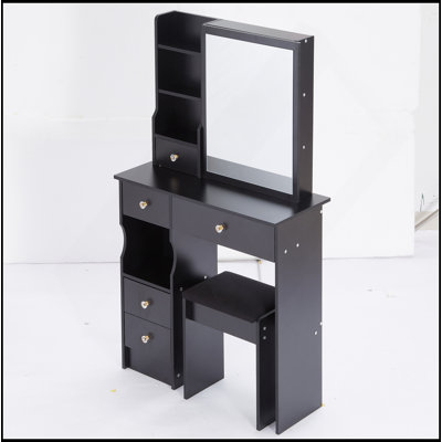 29.2" Small Space Left Drawer Desktop Vanity Table + Cushioned Stool, Extra Large Right Sliding Mirror, Multi Layer High Capacity Storage, Practical Fashionable Dresser, Suitable For Small Space