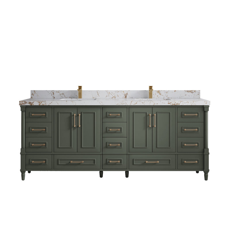 Meuble-lavabo double 84 po avec comptoir en quartz Aberdeen, Doré Viola, Gris
