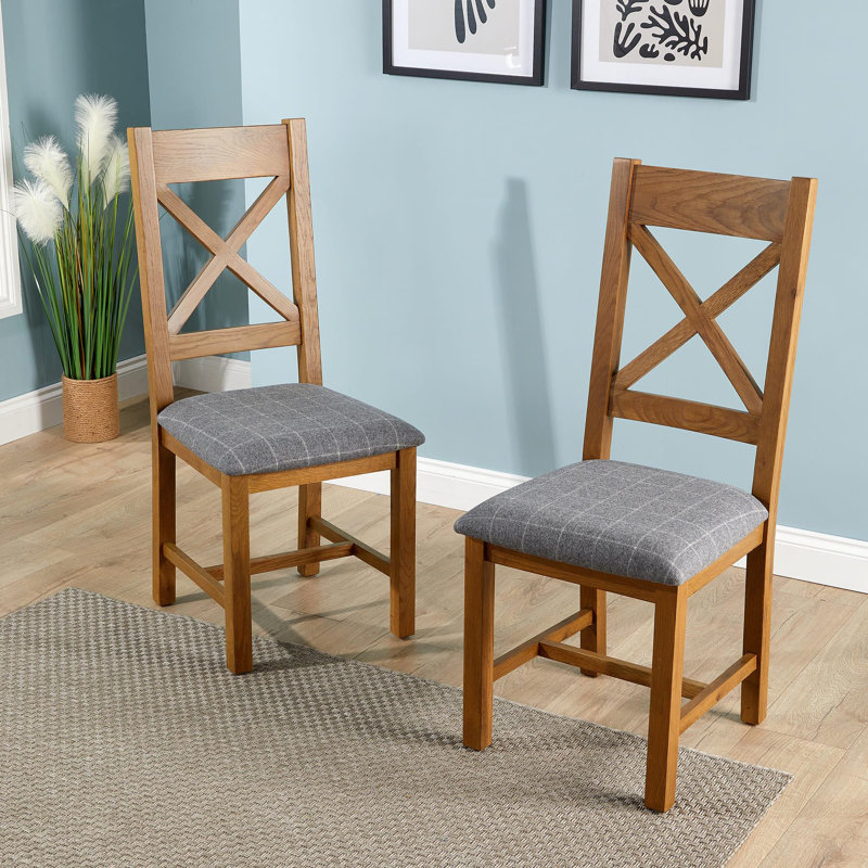 Pair of Assembled High Cross Backed Dining Chairs Checked Seat Solid Oak Legs, Grey