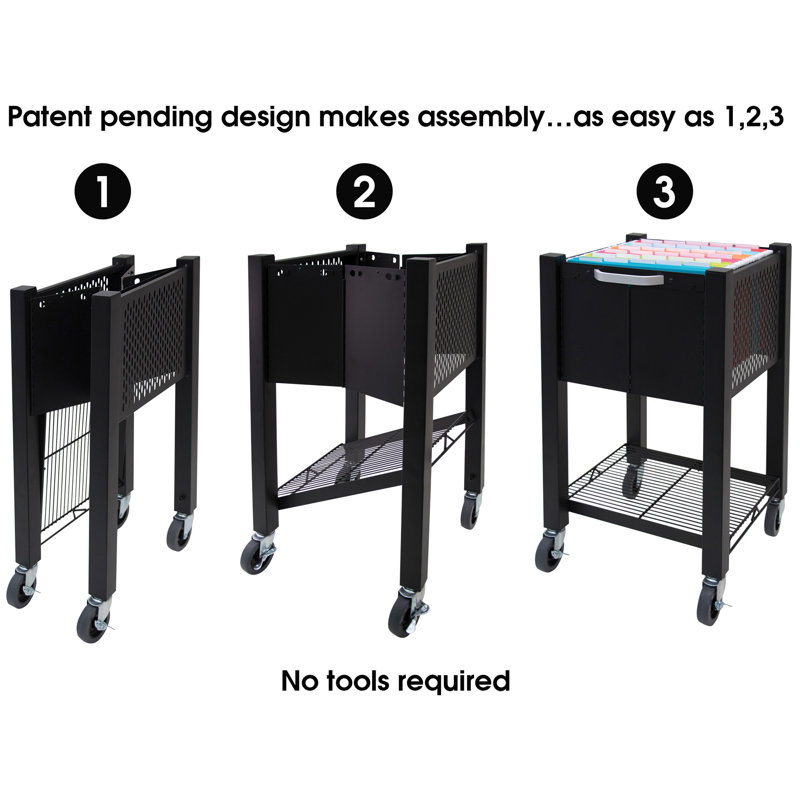 Black Steel Mobile File Cart with Open Top and Bottom Shelf