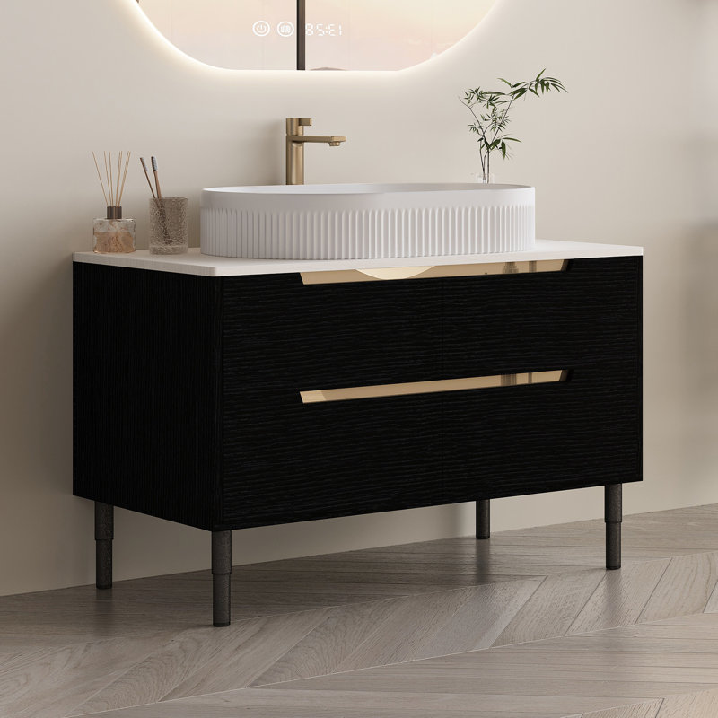 Meuble-lavabo contemporain de 36 po, montage 2-en-1, lavabo en céramique et mécanisme de tiroir à fermeture en douceur, meuble-lavabo moderne avec tiroirs silencieux intégrés, pieds en métal réglables pour les surfaces inégales