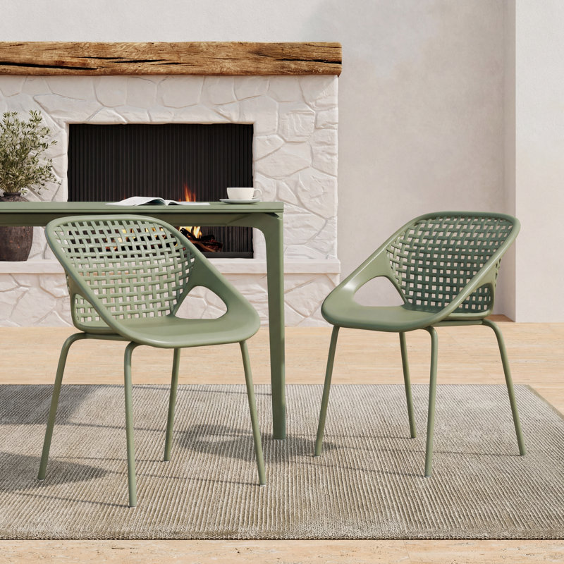 Chaise de salle à manger d'extérieur moderne en plastique et en métal avec dossier en treillis, Vert sauge