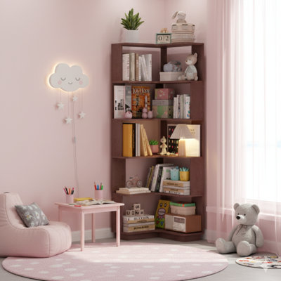 Six-Tier Freestanding L-Shaped Corner Bookshelf For Living Room Or Bedroom, Wooden Bookcase With Anti-Drop Panel And Anti-Tipping Device, Display Shelf Open Storage Rack Organizer For Home Office (Dark Red Finish)