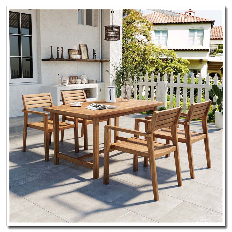 Ensemble repas 5 pièces en bois d'acacia avec trou pour parasol, Naturel