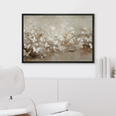 «Neutre papillon blanc prairie et champ floral», reproduction d'art sur toile encadrée