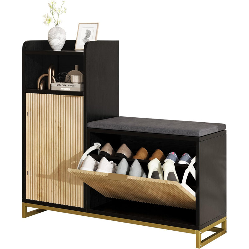 39" L-shaped Shoe Storage Bench With Adjustable Shelves & 2 Flip Drawers, Black