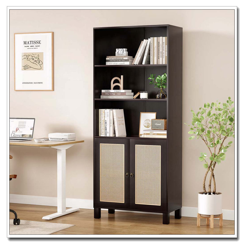 Bookcase with Rattan Doors,5 Tier Storage Wood Shelves, Walnut