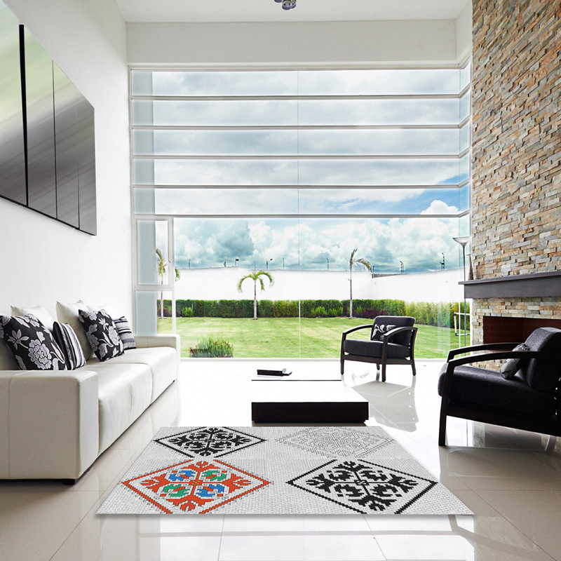 Tapis noir/zone orange à motifs, Carré 8 pi