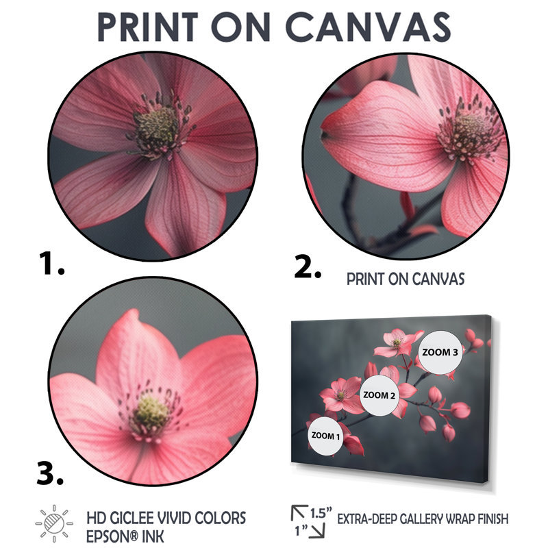 Fleur de cornouiller monochrome rose avec hivers de la paix II - cornouiller, Toile argentée avec cadre flottant