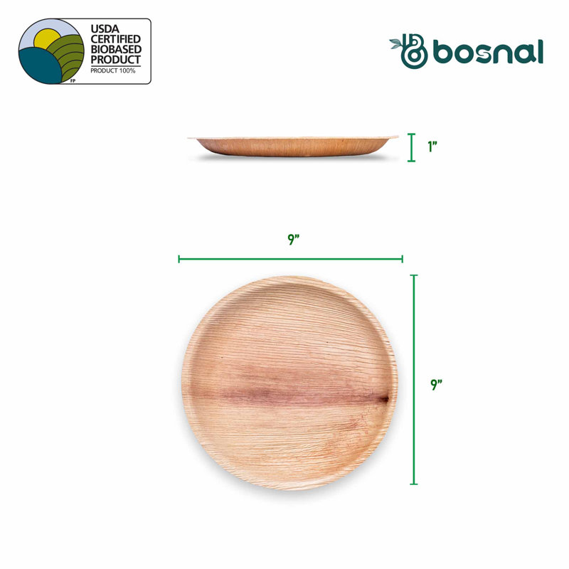 Bosnal - Palm Leaf Biodegradable Plates; 9 inch, Round, 25 pcs, Compostable, Bamboo and Wood Style, Stackable, Restaurant Grade, Alternative to Paper Plates