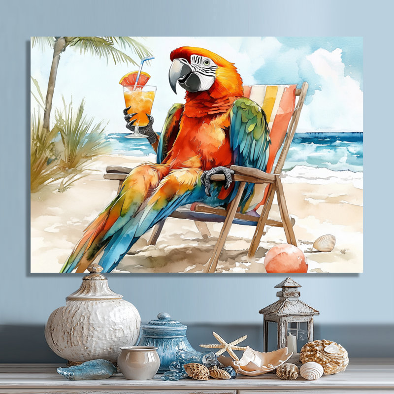 Chaise longue perroquet sur une plage - araignée, art mural, H 34 po x l 44 po x P 1,5 po, Toile tendue