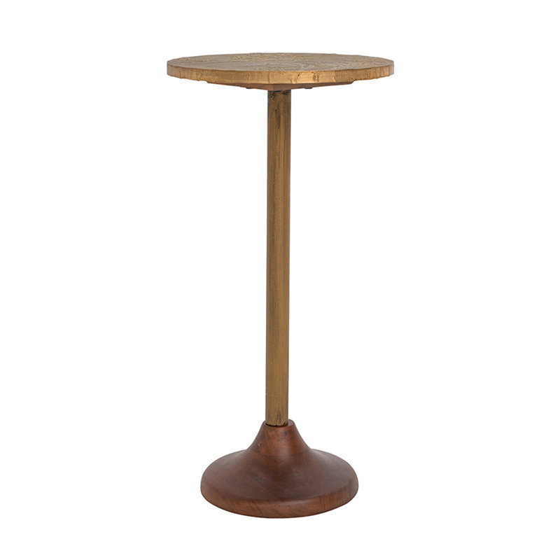 D12X24" Slender Brass Side Table With Textured Gold Top And Wooden Pedestal Base