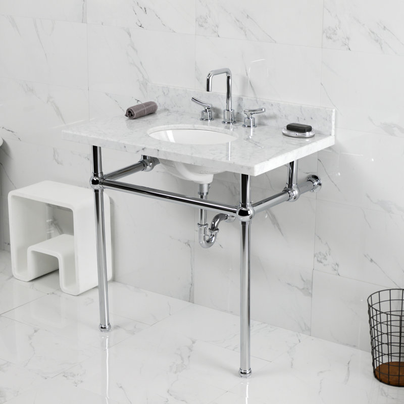 Lavabo console en marbre Carrara de 36 pouces avec pieds en laiton Kingston Templeton (8 pouces, 3 trous)
