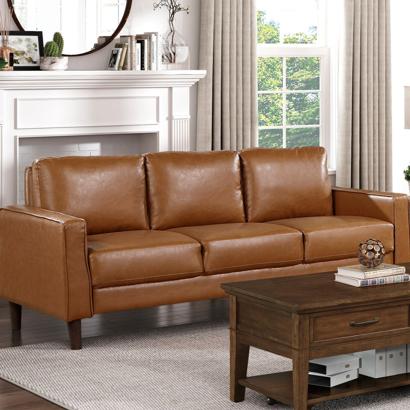 Canapé 2 pièces contemporain en similicuir brun avec coussins de dossier et d'assise fixes, rembourrage en mousse moderne sur ressorts ensachés