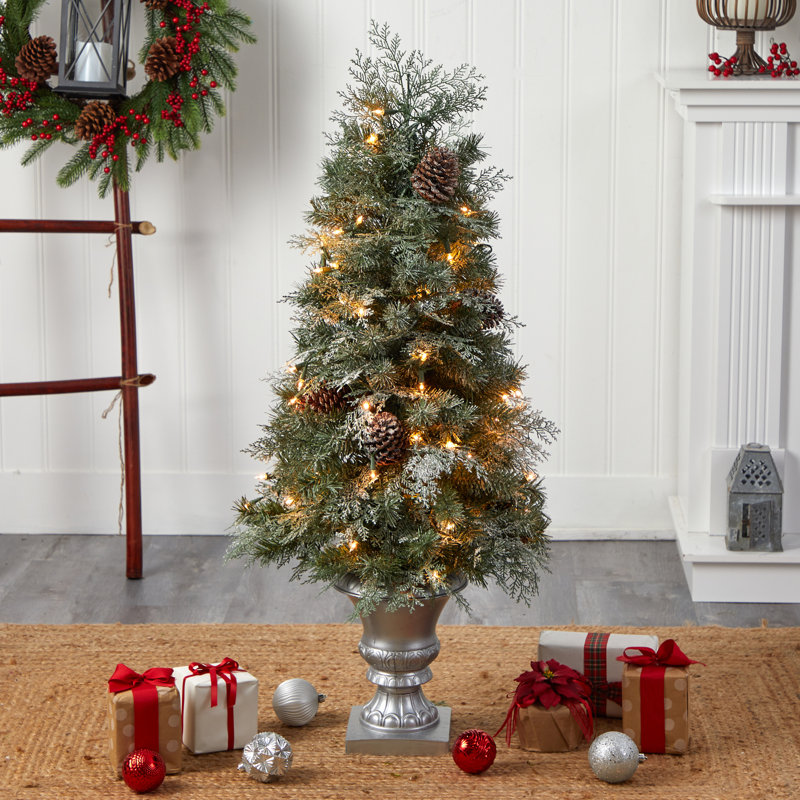 Arbre de Noël pin artificiel réaliste vert 4 pi avec 100 lumières DEL et pommes de pin