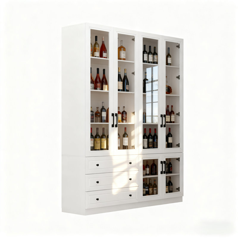 3 Drawers White Wine Bar Cabinet With Glass Doors & 7-Color Lights