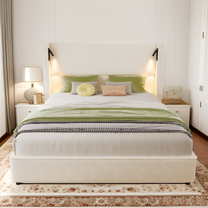 Upholstered Bed Frame with High Wingback Headboard,Reading Lamp and USB port, Queen