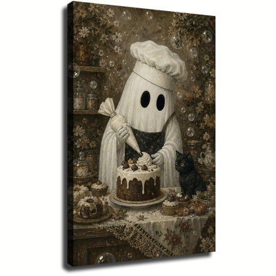 Chef fantôme décorant un gâteau au chocolat avec un chat noir dans une cuisine vintage - Toile murale rétro, décoration d'Halloween mignonne