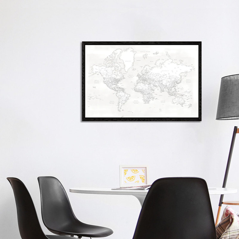 Detailed World Map Maeli White by Blursbyai - Gallery-Wrapped Canvas Giclée on Canvas, Black Framed, 30.48 cm H x 45.72 cm W