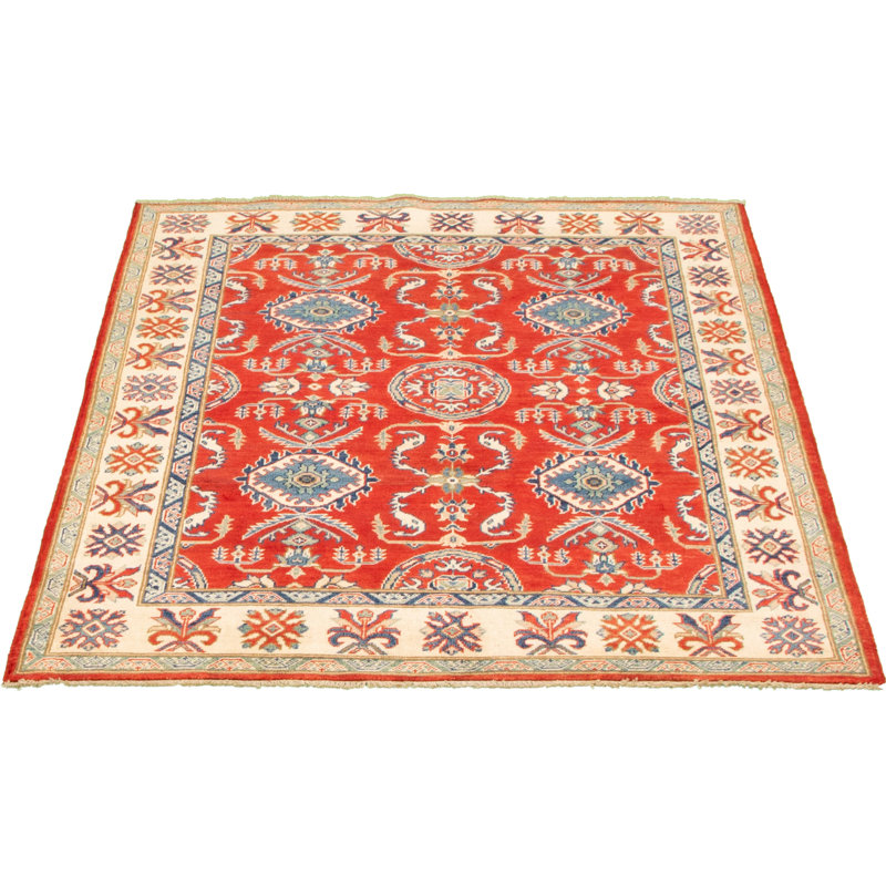 Tapis unique en laine noué à la main rouge Gazni des années 2010 de 5 pi x 6 pi 3 po Qaiden