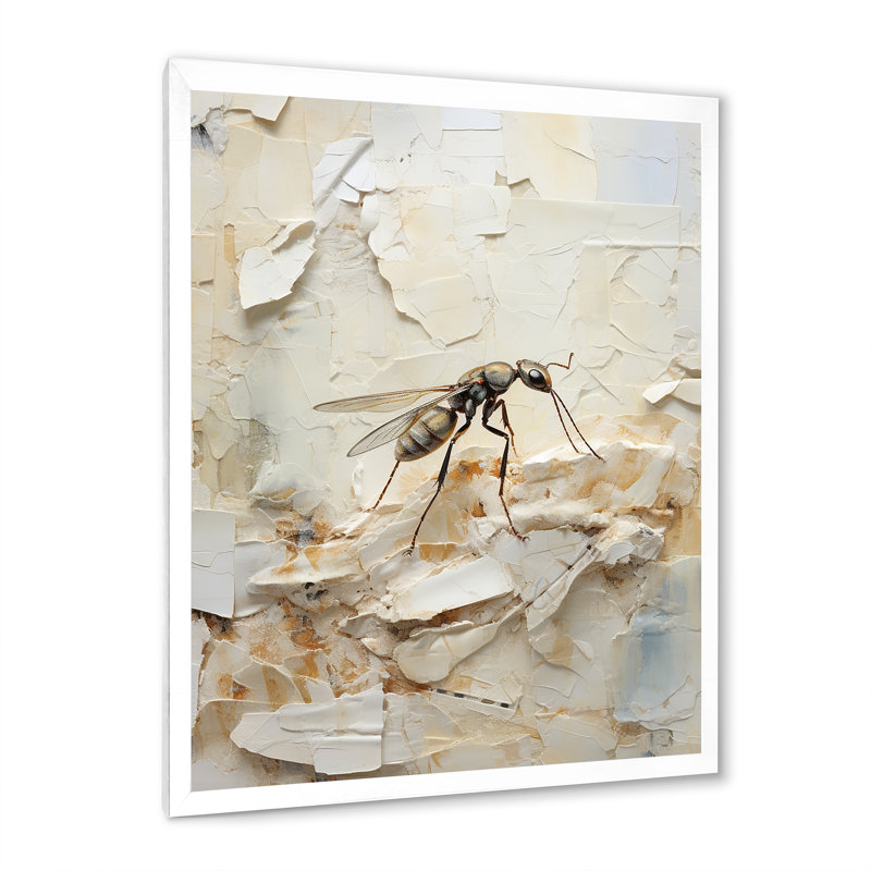 Minimalisme, fourmi beige, collage sur toile, Cadre simple blanc, H 32 po x l 16 po x P 1 po