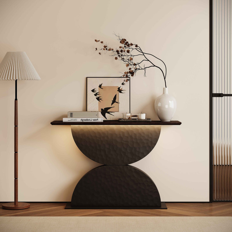 Double console semi-cercles en bois à texture de marteau avec table à lumière d'entrée et console moderne