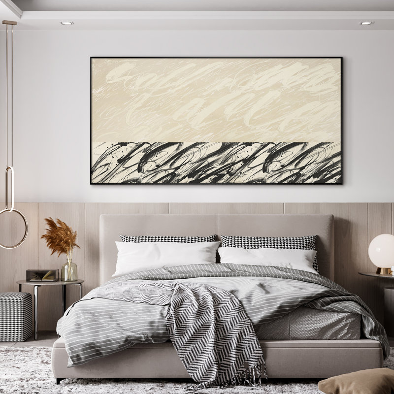 Très grande reproduction d'art moderne abstrait calligraphie moderne - noir et beige d'inspiration script d'inspiration contemporaine, décor neutre pour le salon ou la chambre à coucher, assemblage requis
