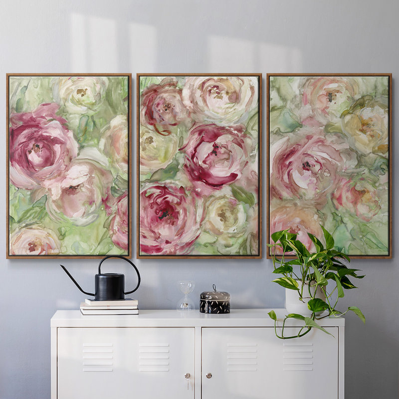 Rose grimpante, reproduction sur toile 3 pièces, H 24 po x l 48 po x P 2 po, Noyer