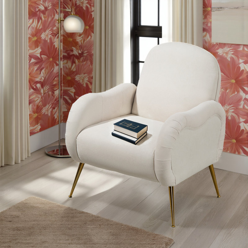 Fauteuil d'appoint en tissu Snowflake avec pieds en métal doré et fauteuil capitonné, Tissu beige
