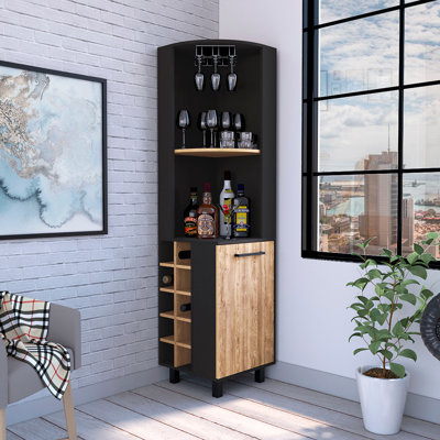 Audra Corner Bar Cabinet Six Built-in Wine Rack, Two Shelves, Four Shelves With Door Macadamia / 