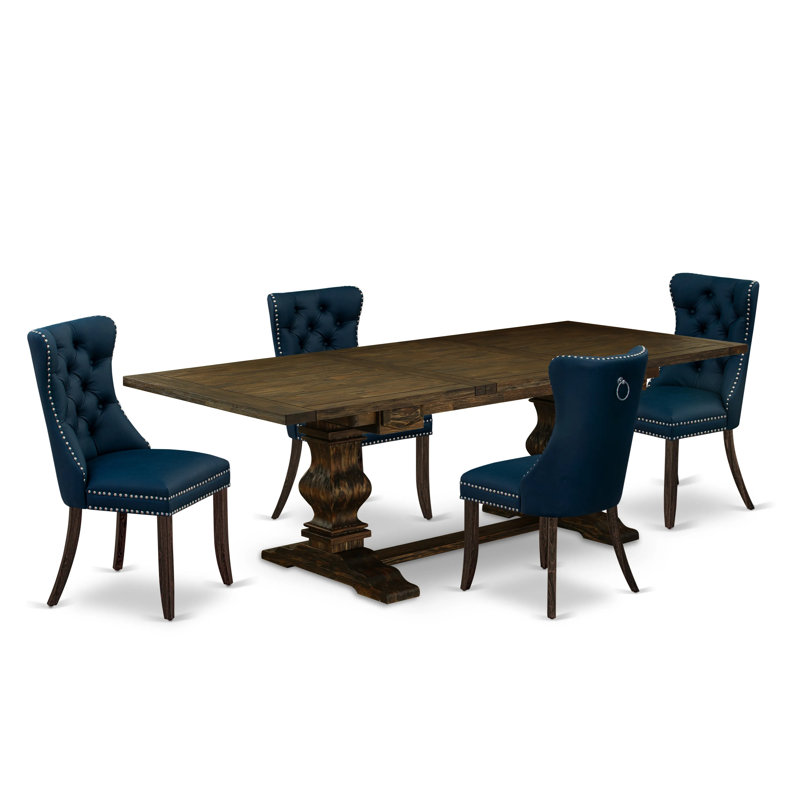 Ensemble de salle à manger 5 pièces comprenant une table rectangulaire en bois avec rallonge amovible et 4 chaises rembourrées, 107 x 234 cm, style jacobéen vieilli