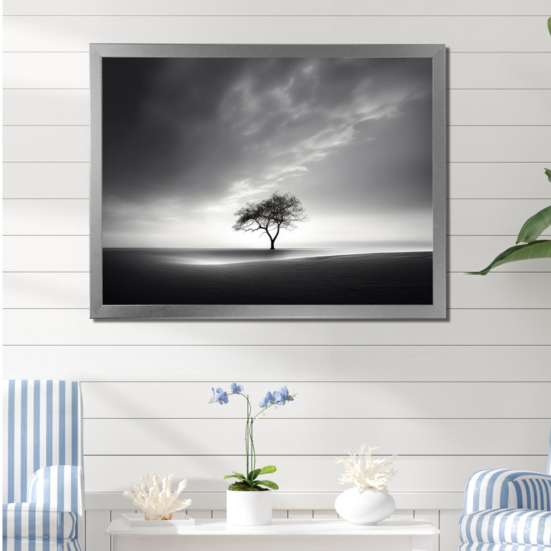 Horizon d'arbre monochrome noir et blanc - salon d'art mural plage et océan, Cadre simple argenté