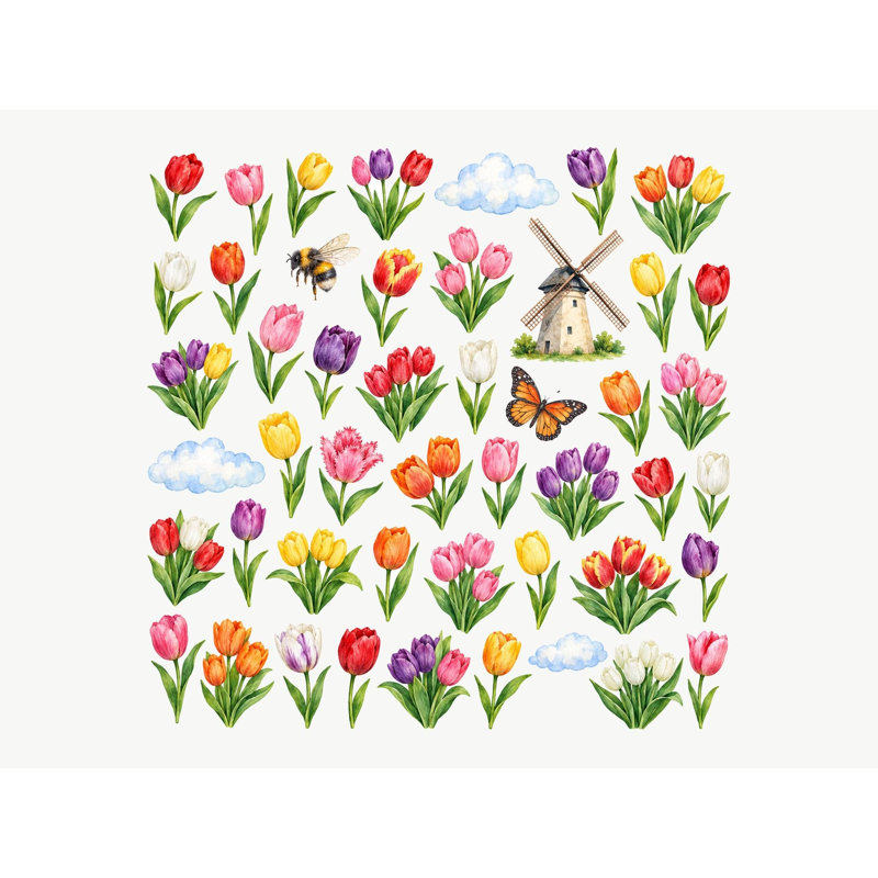 Tulip Field Wall Decals, Set of 48 Peel and Stick Nursery Wall Stickers, Satin Finish Removable Kids Room Wall Art, 20"W x 20"H (50 x 50 cm)