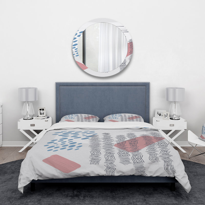 Minimalist Pink Rectangles On Gray I - Modern Duvet Cover Set - Microfiber Polyester, Queen Duvet Cover + 2 Standard Shams