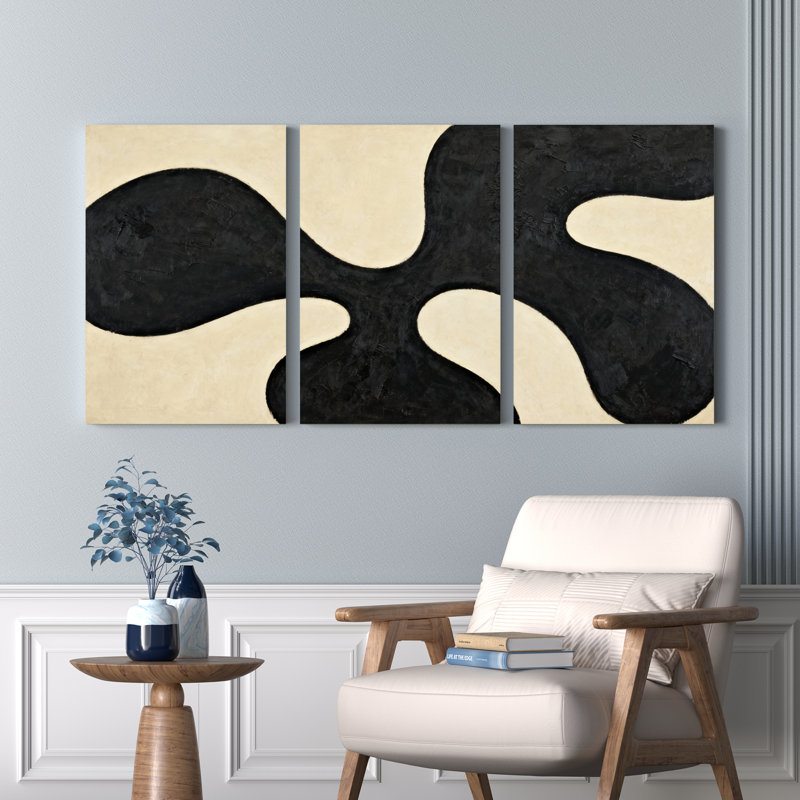 Ensemble de 3 tableaux abstraits noirs et crème aux formes organiques, montés sur toile., H 24 po x l 48 po